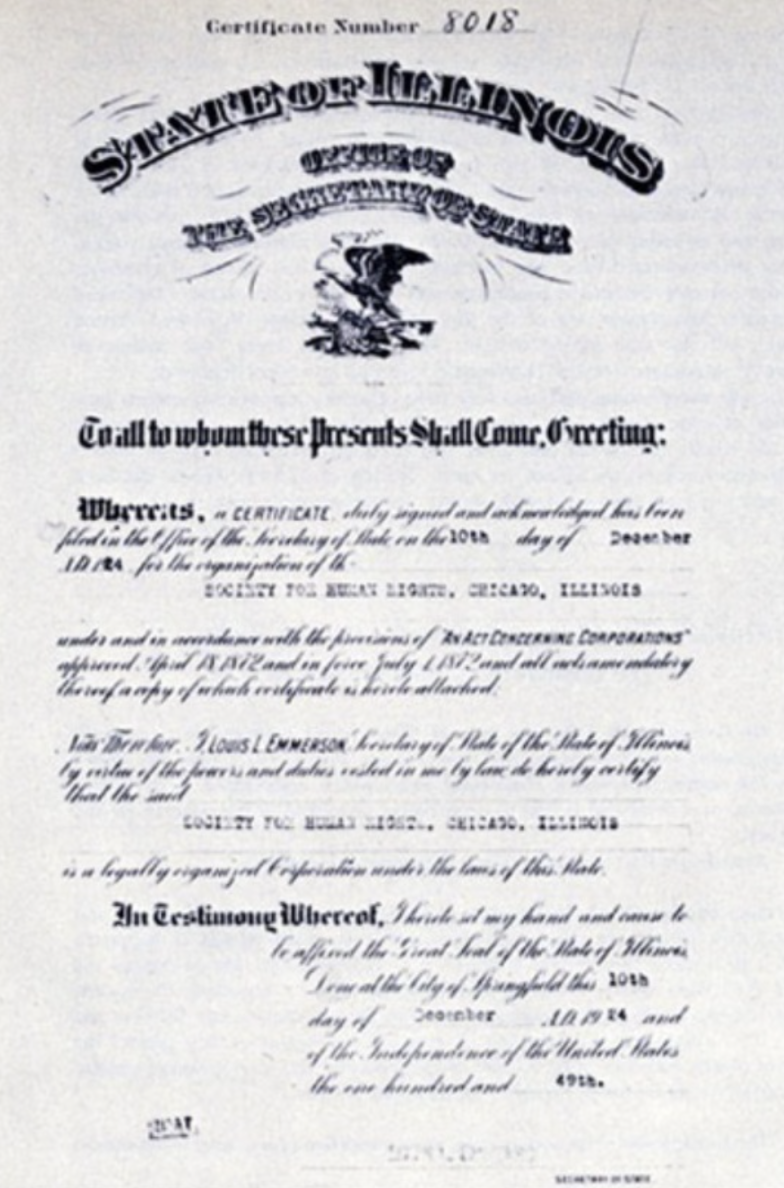 Certificate from the state of Illinois granting the charter for the Society for Human Rights