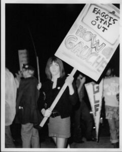 Transgender activist Angela Douglas and the Gay Liberation Front (GLF) picket Barney's Beanery regarding their posting of "Fagots [sic] Stay Out" signs. 1969.