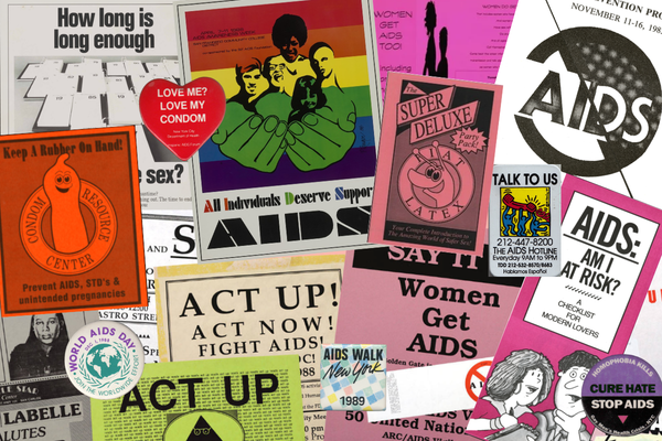 Collage of archived AIDS activism and education ephemera from the 1980s-1990s gathered from the Digital Transgender Archives, Lesbian Herstory Archives, and UC San Francisco’s AIDS History Project Ephemera Collection by Jake Knight