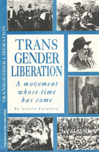 Cover of Transgender Liberation with a blue background and black and white images surrounding the title text