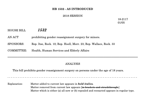 Screenshot of the first proposed bills, introduced in New Hampshire, to explicitly prohibit insurance coverage of gender affirming care.
