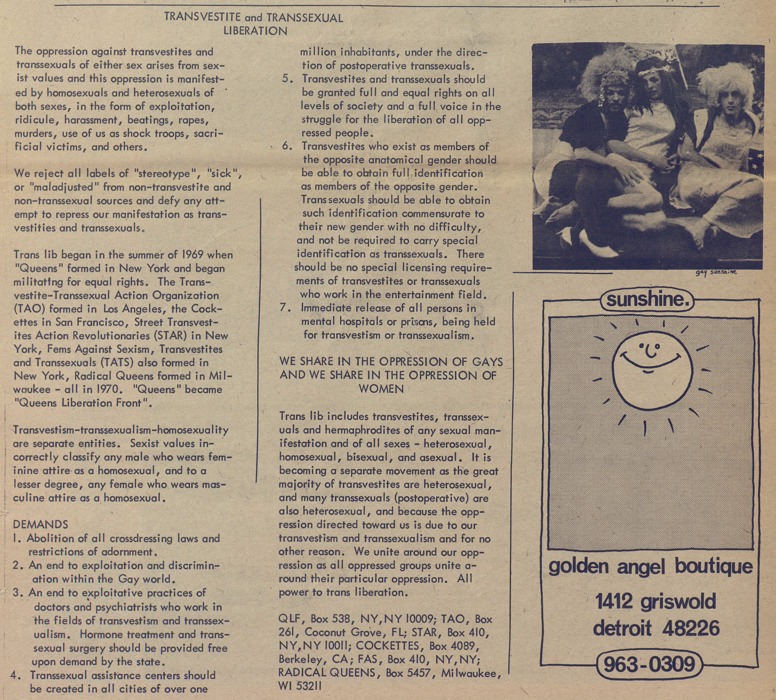 Clipping from page 10 of Detroit Gay Liberator, volume 1, issue 8, published on January 1 1971 containing the Trans Liberation Manifesto.