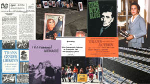 Collage of archival materials from 1990s transgender history, including trans newsletters and publications, protest materials, Transgender Day of Remembrance memorials, legal advocacy documents, and images of activists.