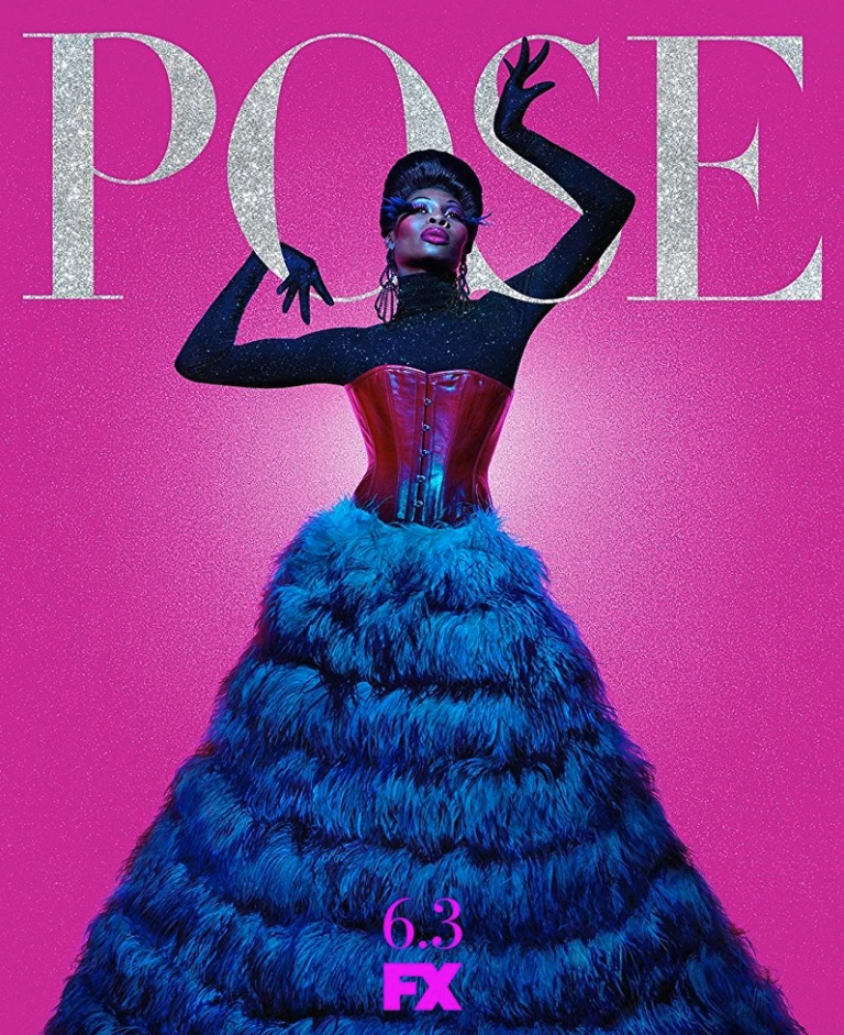 Hot pink poster with “Pose” in glittery silver text across the top of the page above Dominique Jackson as her character Elektra Abundance-Evangelista in a gown with a corseted top and blue feather skirt
