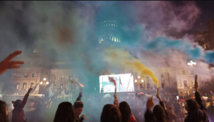 Protesters celebrating after the employment quota law was passed