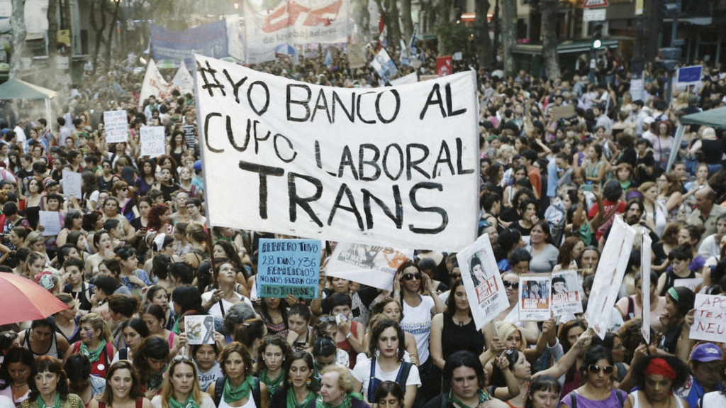 Color photograph of a massive public demonstration in Argentina with a large banner reading "Yo banco al cupo laboral trans" ("I support the trans employment quota"). Photo by Victor R. Caivano